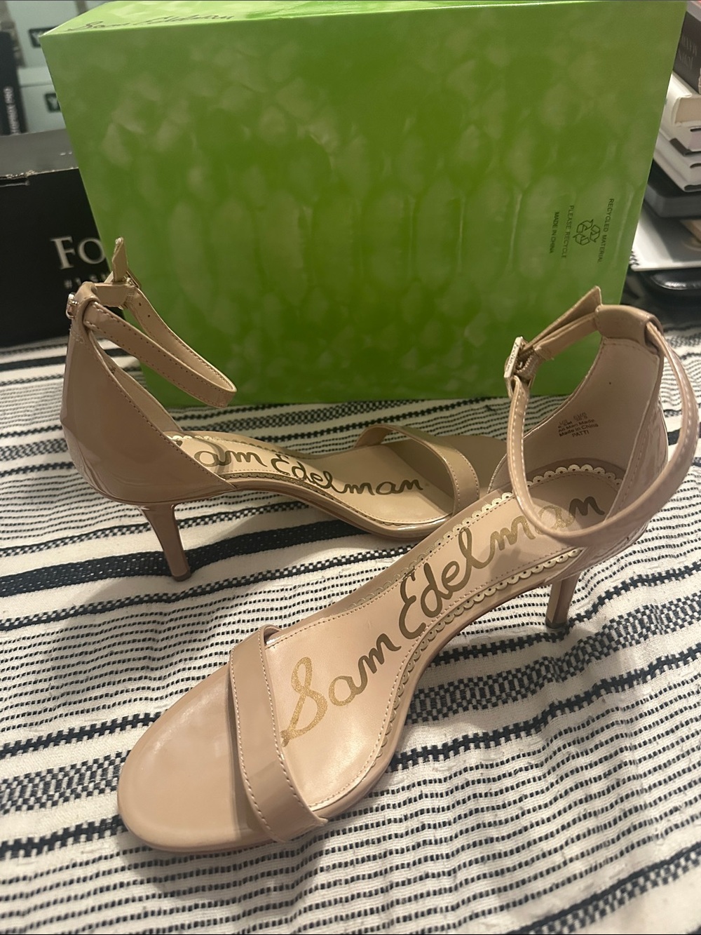 Sam Edelman Beige Patent Ankle-Strap Mid-Heel Sandals